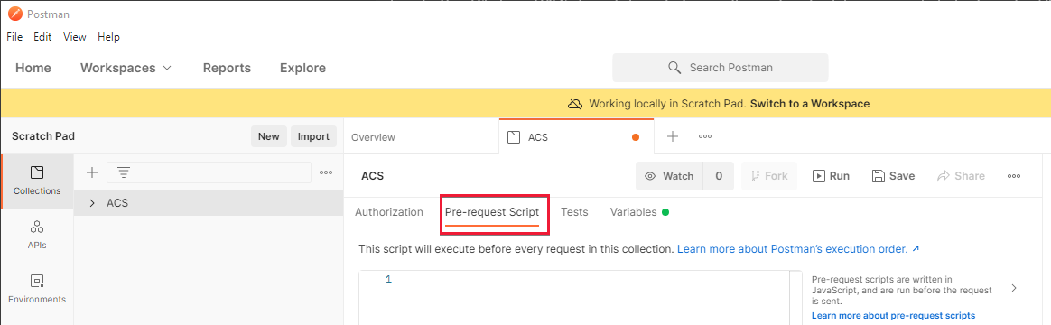 Postman with a Communication Services Collection's pre-request Script Sub-Tab Selected.