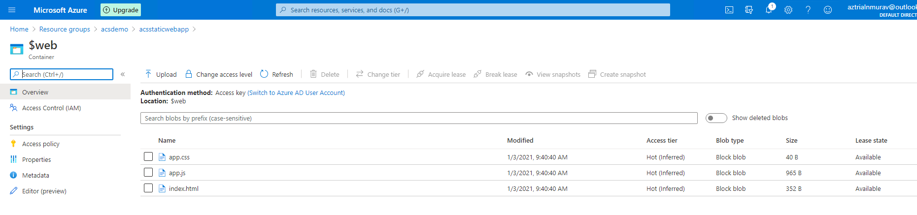 Screenshot that shows files deployed to Azure.
