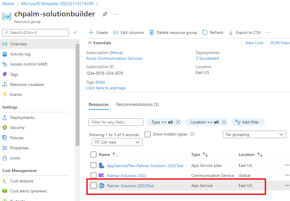 Screenshot of produced azure resources in azure portal.