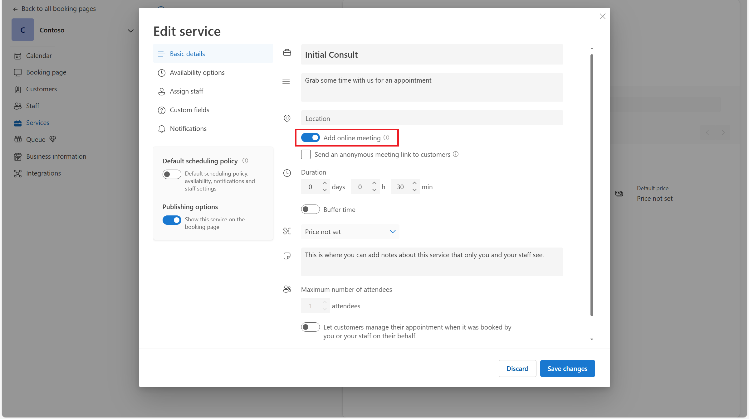 Screenshot of Booking services online meeting configuration experience.