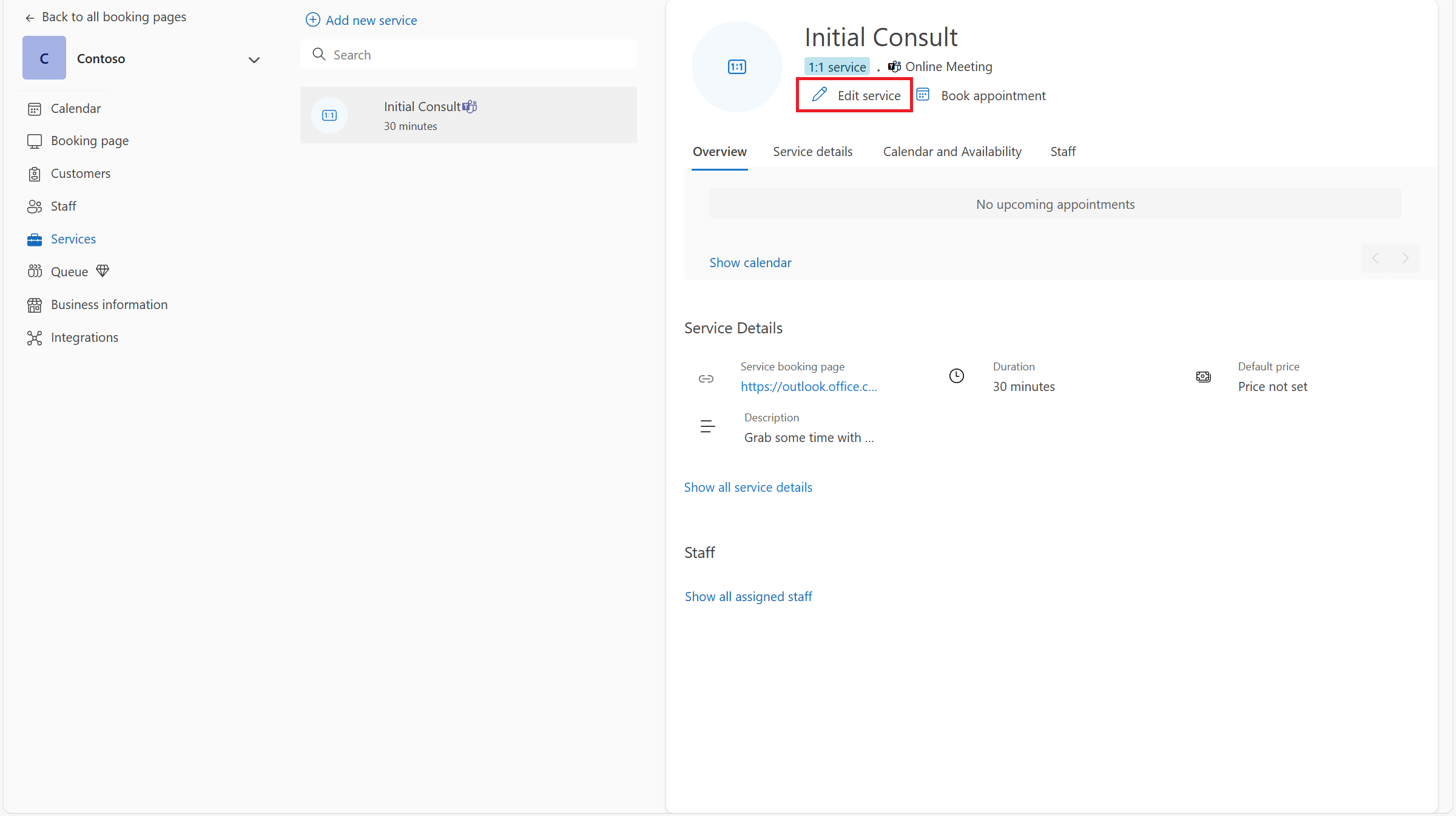 Screenshot of Booking services configuration experience.