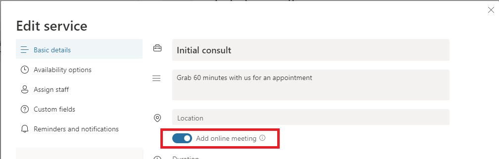 Screenshot of Booking services online meeting configuration experience.