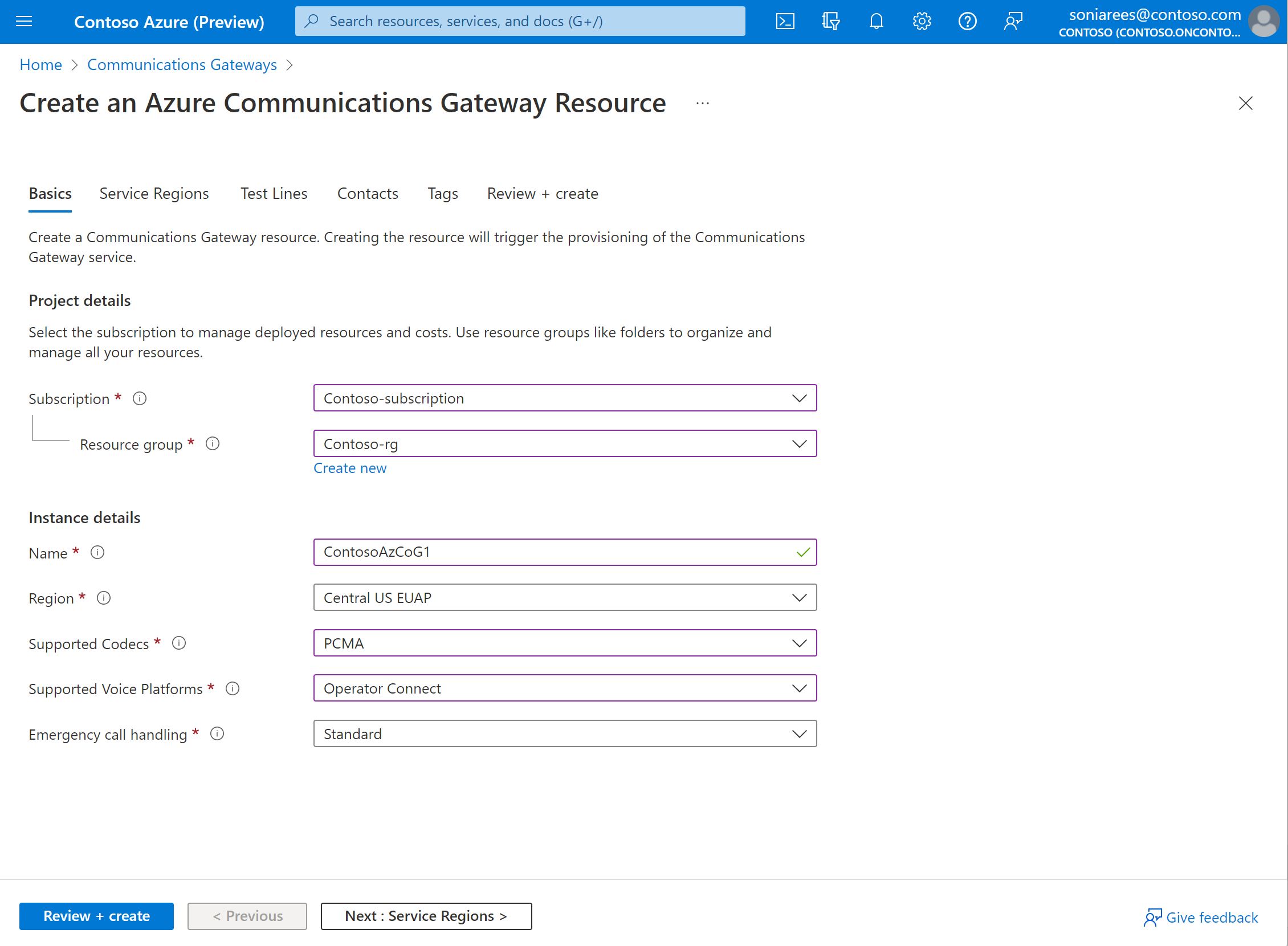 Screenshot of the Create an Azure Communications Gateway portal, showing the Basics section.