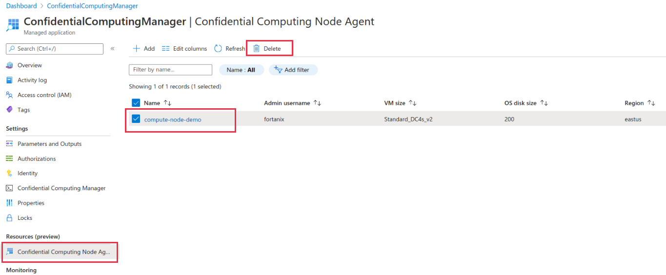 Screenshot that shows deleting the node agent.