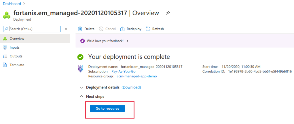 Screenshot that shows a successful deployment in the Azure portal.]
