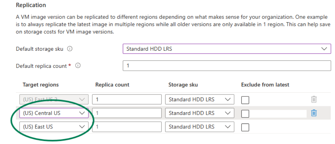 Screenshot of the Azure portal showing the options Target regions.