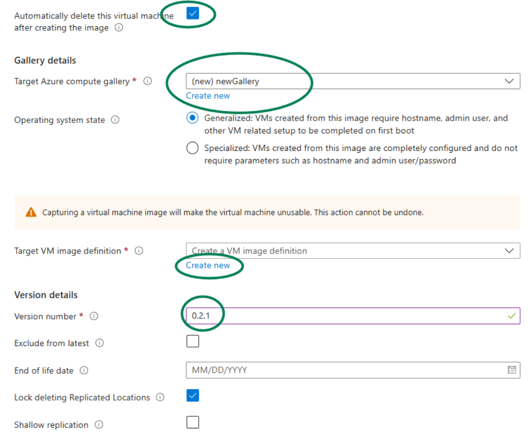 Screenshot of the Azure portal showing the options to Automatically delete the virtual machine after creating the image, Create new for Target Azure compute gallery, Create new for Target VM image definition, and Version number.