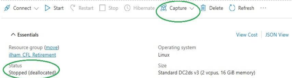 Screenshot of Azure portal showing the Capture option, circled in green, and the Status highlighted.