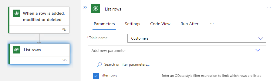 Screenshot showing designer for Standard workflow and "Filter rows" property.