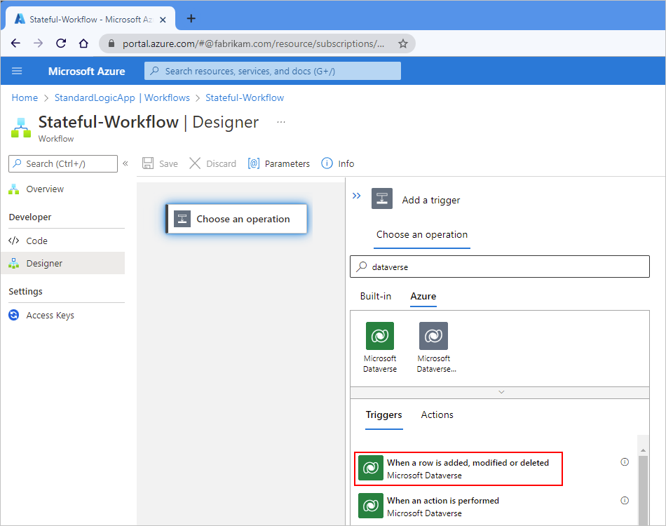Screenshot showing designer for Standard workflow with the trigger named "When a row is added, modified or deleted" selected.