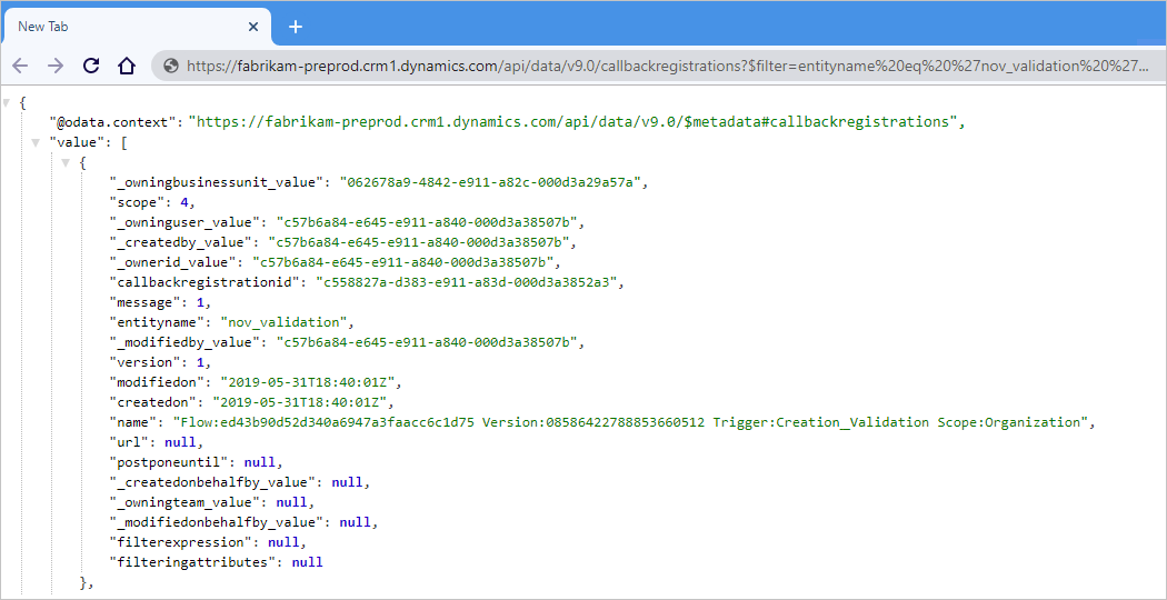 Screenshot that shows browser window and OData URI in the address bar.