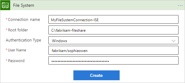 Screenshot showing connection information for File System ISE-based connector action.