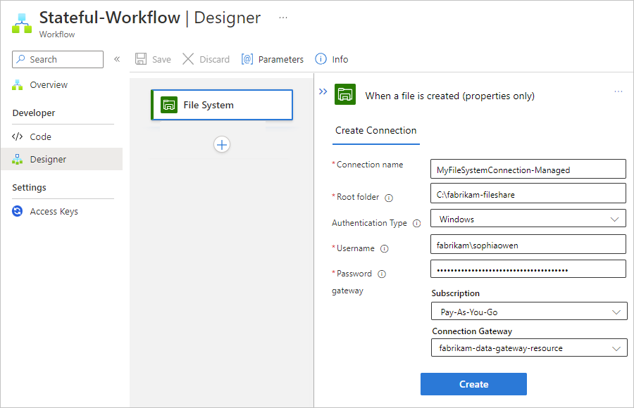Screenshot showing Standard workflow designer and connection information for File System managed connector trigger.