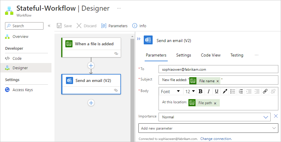 Screenshot showing Standard workflow designer, managed connector trigger named When a file is added, and action named Send an email.