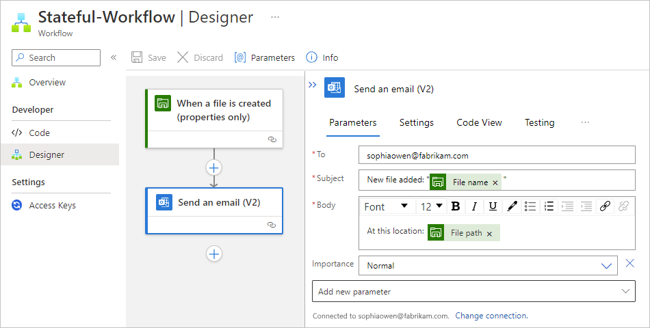 Screenshot showing Standard workflow designer, managed connector trigger named When a file is created, and action named Send an email.