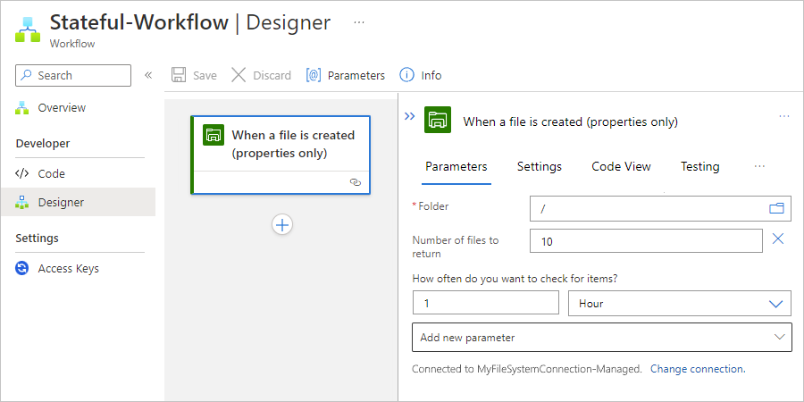 Screenshot showing Standard workflow designer and managed connector trigger named When a file is created.