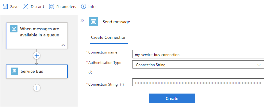 Screenshot showing Standard workflow, Service Bus built-in action, and example connection information.
