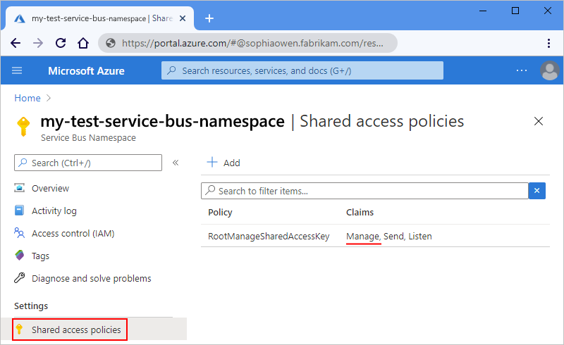 Screenshot showing the Azure portal, Service Bus namespace, and 'Shared access policies' selected.