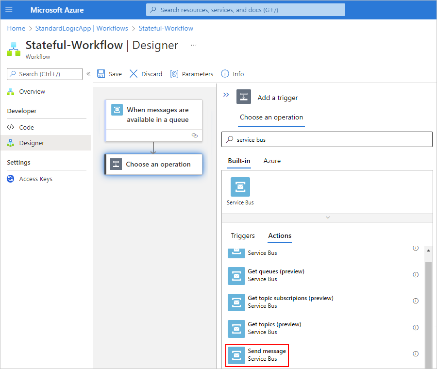 Screenshot showing Azure portal, Standard workflow designer, and Service Bus built-in action selected.