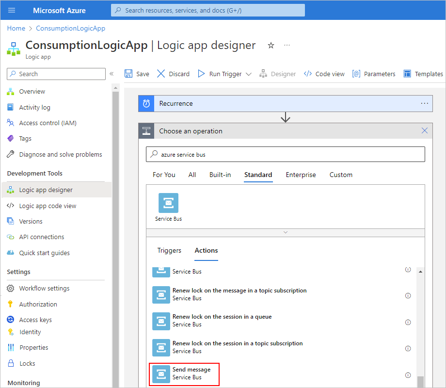 Screenshot showing Azure portal, Consumption workflow designer, and Service Bus connector action selected.