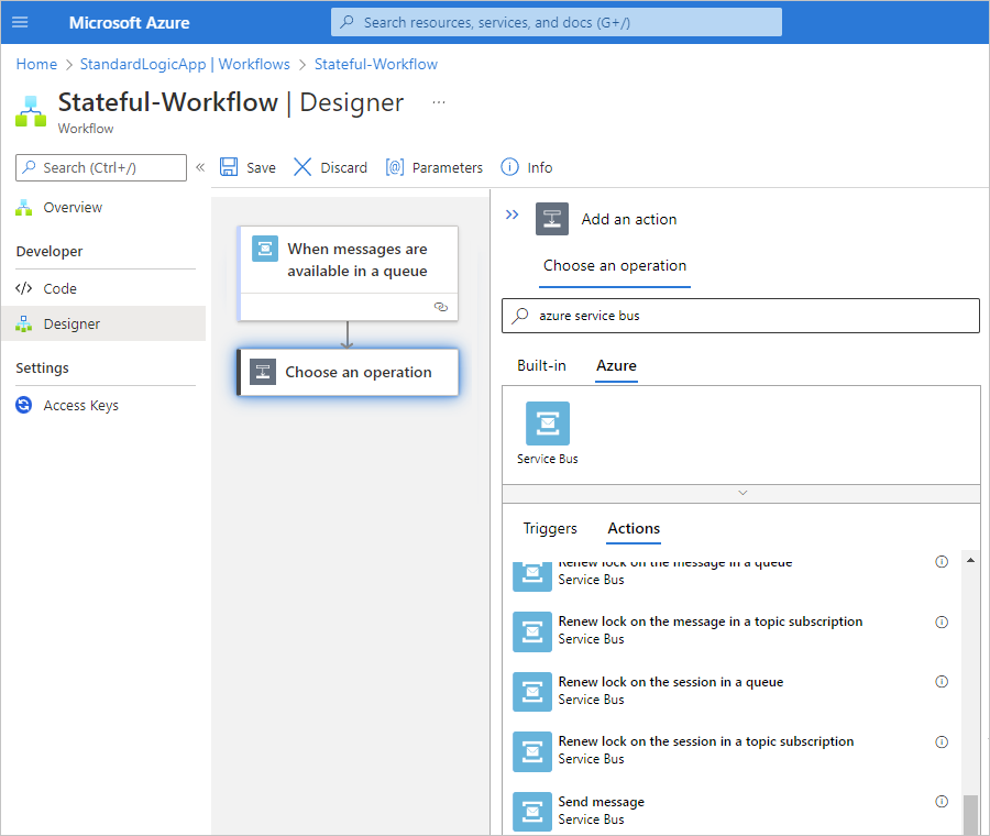Screenshot showing Azure portal, Standard workflow designer, and Service Bus managed action selected.