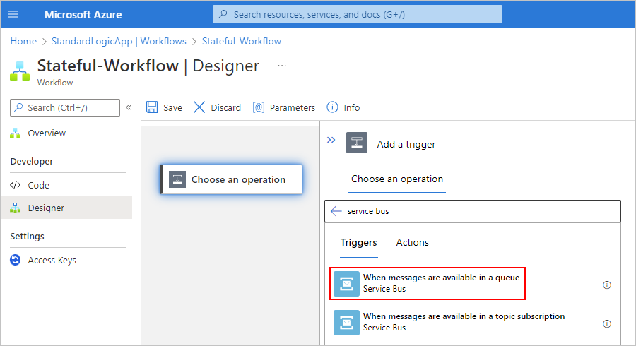 Screenshot showing Azure portal, Standard workflow designer, and Service Bus built-in trigger selected.