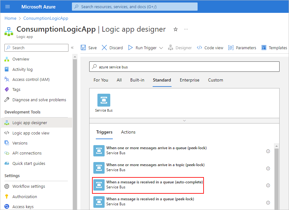 Screenshot showing Azure portal, Consumption workflow designer, and Service Bus trigger selected.