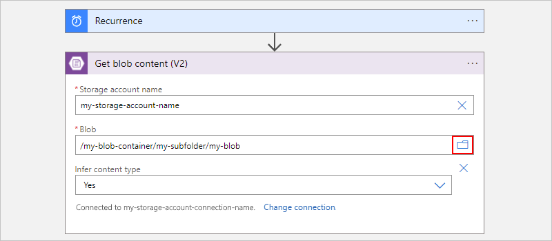 Screenshot showing Consumption workflow with Blob action setup for subfolder.
