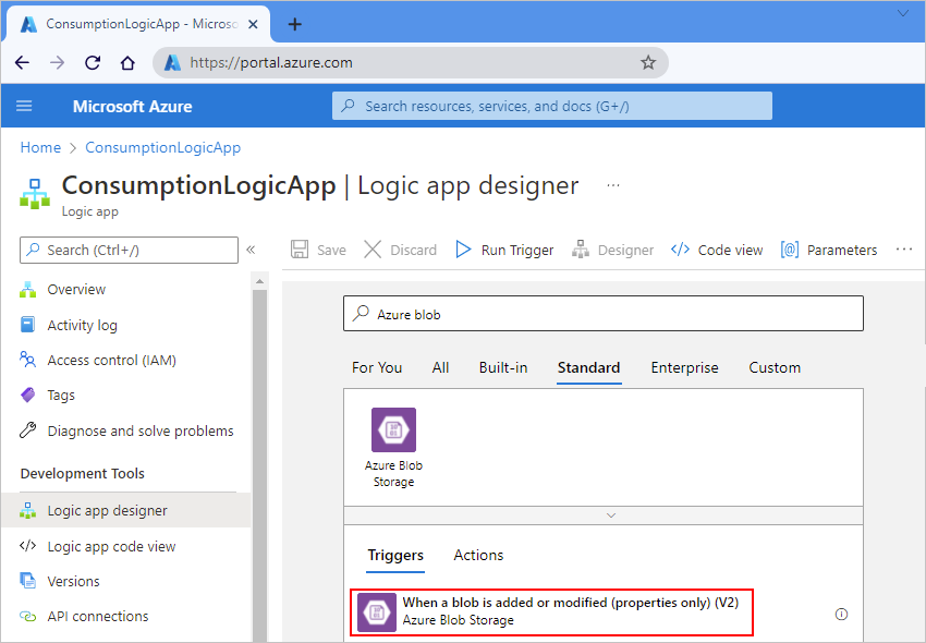 Screenshot showing Azure portal, Consumption workflow designer, and Azure Blob Storage trigger selected.
