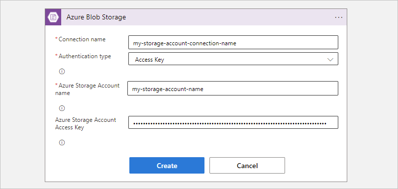 Screenshot showing Consumption workflow, Azure Blob Storage trigger, and example connection information.