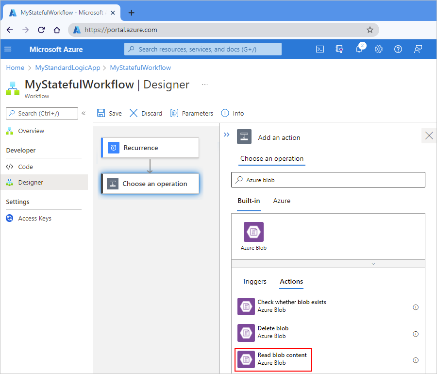Screenshot showing Azure portal, Standard workflow designer, and Azure Blob built-in action selected.