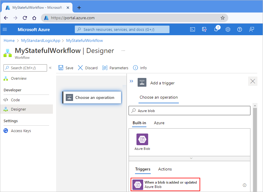 Screenshot showing Azure portal, Standard workflow designer, and Azure Blob built-in trigger selected.