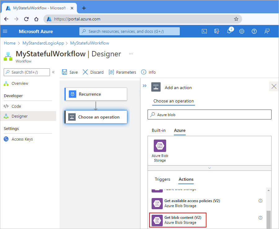 Screenshot showing Azure portal, Standard workflow designer, and Azure Blob Storage managed action selected.