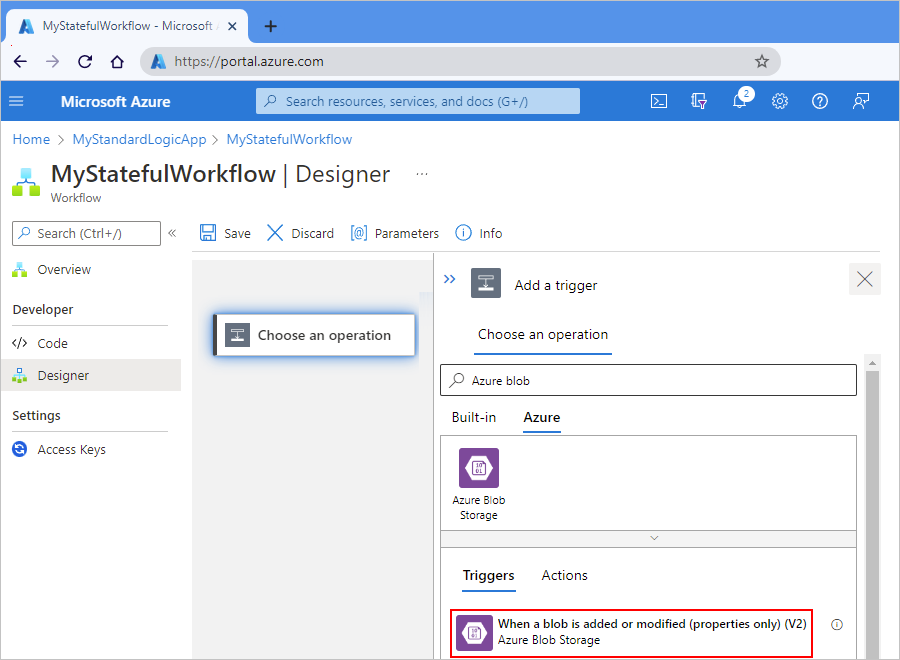 Screenshot showing Azure portal, Standard logic app workflow designer, and Azure Blob Storage managed trigger selected.