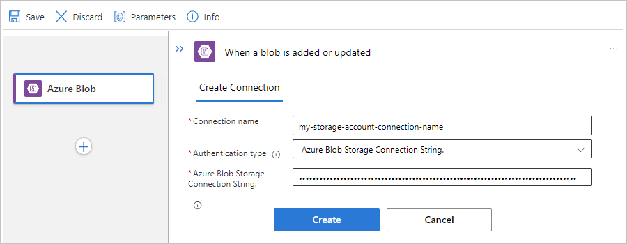 Screenshot showing Standard workflow, Azure Blob built-in trigger, and example connection information.