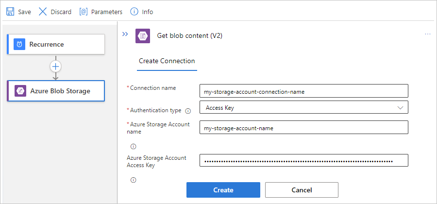 Screenshot showing Standard workflow, Azure Blob Storage managed action, and example connection information.