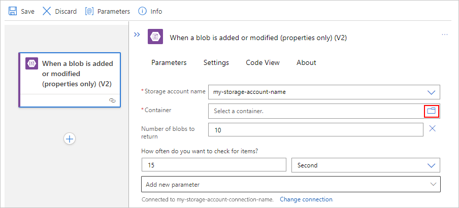 Screenshot showing Azure Blob Storage managed trigger with parameters configuration.