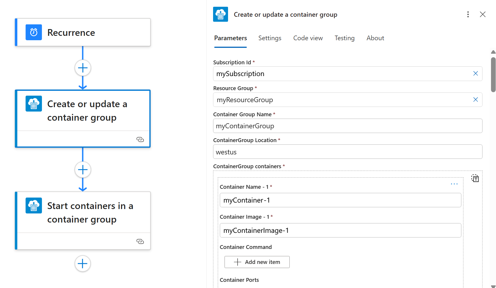 Screenshot that shows the Azure portal, workflow designer, and selected action. Action pane shows information for the container group and container instances to create or update.