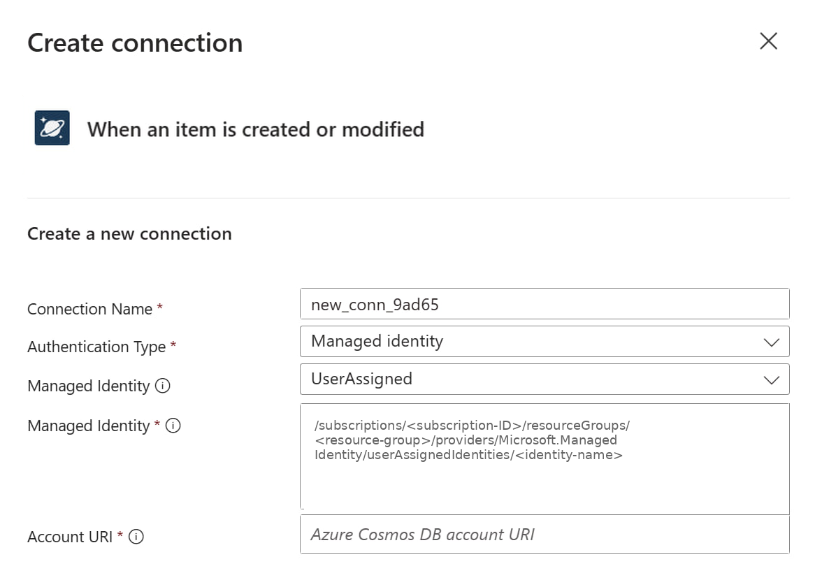 Screenshot shows Azure portal, Create connection dialog for Azure Cosmos DB with managed identity authentication type selected and user-assigned identity configured.