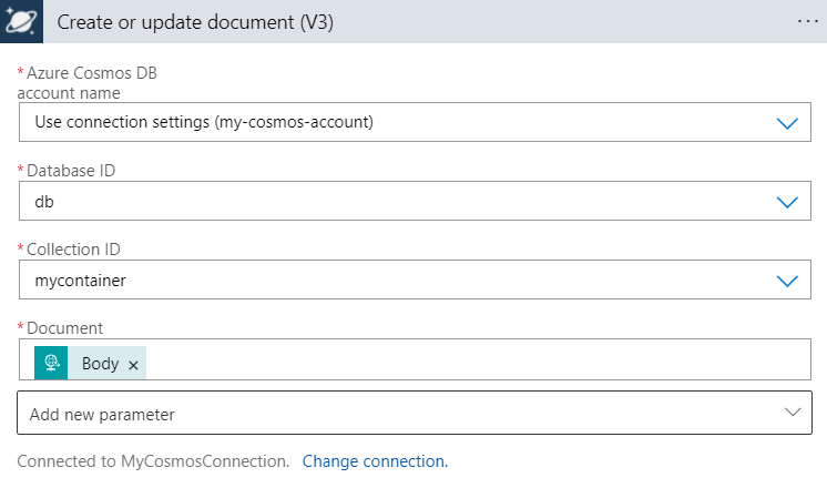 Screenshot showing the designer for a Consumption logic app workflow with the Azure Cosmos DB 'Create or update documents (V3)' action and parameters configuration.