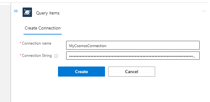 Screenshot showing an example Azure Cosmos DB connection configuration for a Standard logic app workflow.