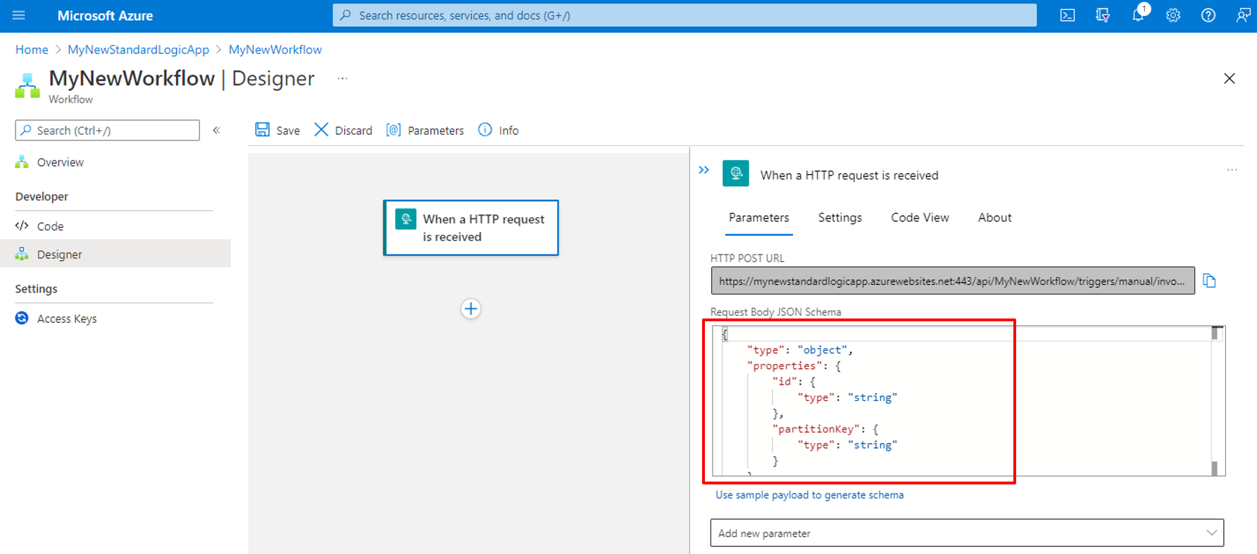 Screenshot showing the Azure portal and designer for a Standard logic app workflow with the 'When a HTTP request is received' trigger and parameters configuration.