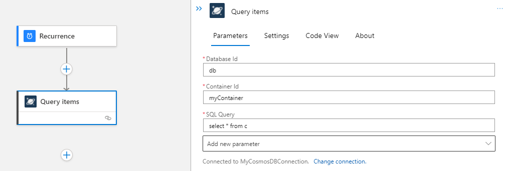 Screenshot showing the designer for a Standard logic app workflow with the Azure Cosmos DB 'Query items' action and parameters configuration.