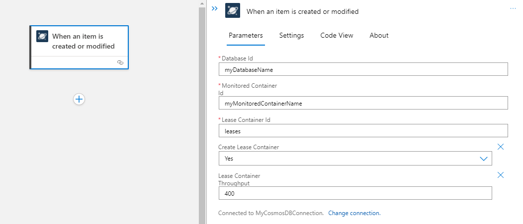 Screenshot showing the designer for a Standard logic app workflow with an Azure Cosmos DB trigger and parameters configuration.