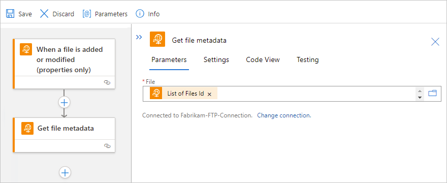 Screenshot shows Standard workflow designer, "Get file metadata" action, and "File" property set to "List of Files Id" trigger output.