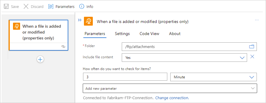Screenshot shows Standard workflow designer, FTP managed connector trigger, and "Folder" property with selected folder.