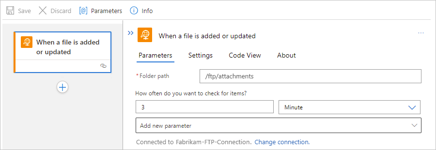 Screenshot shows Standard workflow designer, FTP built-in trigger, and "Folder path" with the specific folder path to monitor.