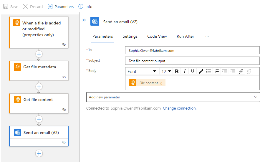 Screenshot shows Standard workflow designer and "Send an email" action with "File content" managed action output.