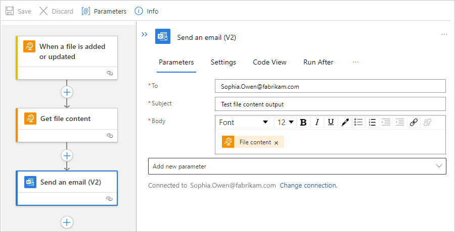 Screenshot shows Standard workflow designer and "Send an email" action with "File content" action output.