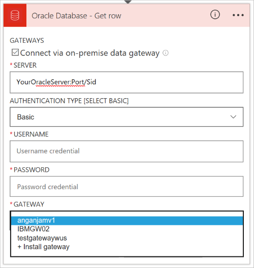 The dialog box is titled "Oracle Database - Get row". There is a box, checked, labeled "Connect via on-premises data gateway". Below that are the five other text boxes.